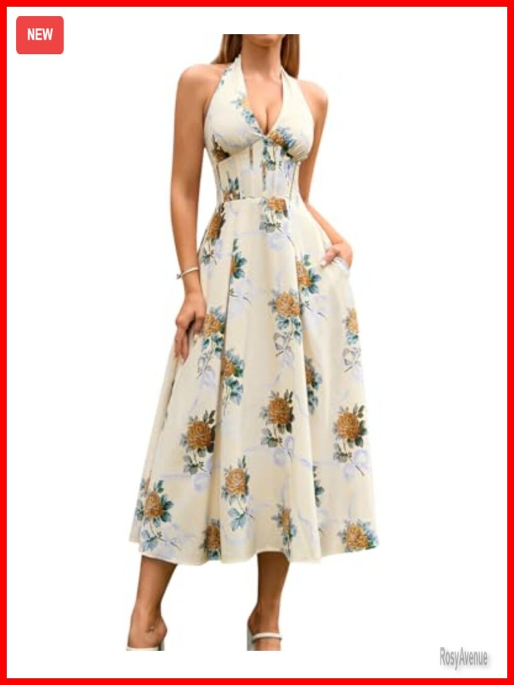 Floral Halter Corset A-Line Midi Dress Wedding Guest Bridal Shower